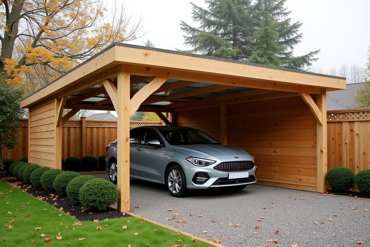 Abri voiture en bois de qualité installé dans un jardin résidentiel avec une voiture garée dessous