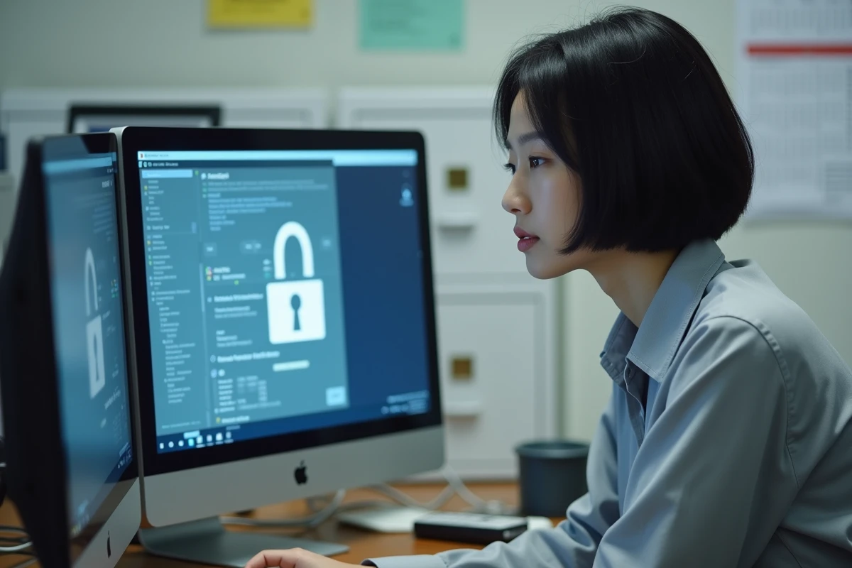 Employée administrative des forces de l'ordre résolvant une erreur de connexion sur une plateforme eCampus Police
