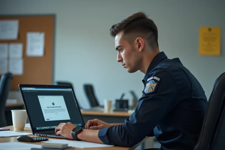 Agent de police en uniforme face à un message d'accès refusé sur eCampus devant son ordinateur portable
