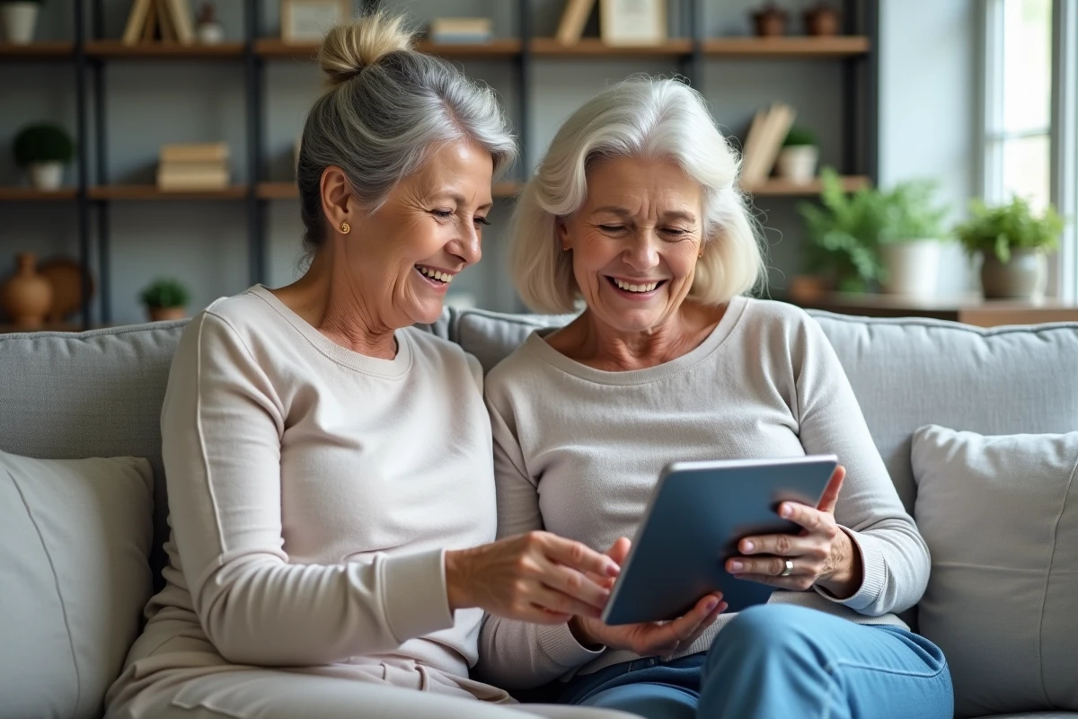 Auxiliaire de vie aidant une femme âgée à utiliser une application de suivi de santé sur tablette à domicile