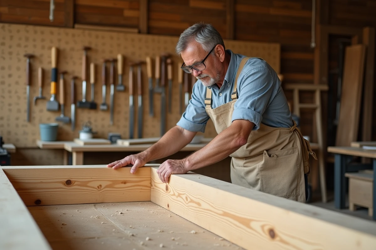 Artisan inspectant les assemblages en bois d'un abri voiture dans un atelier de menuiserie