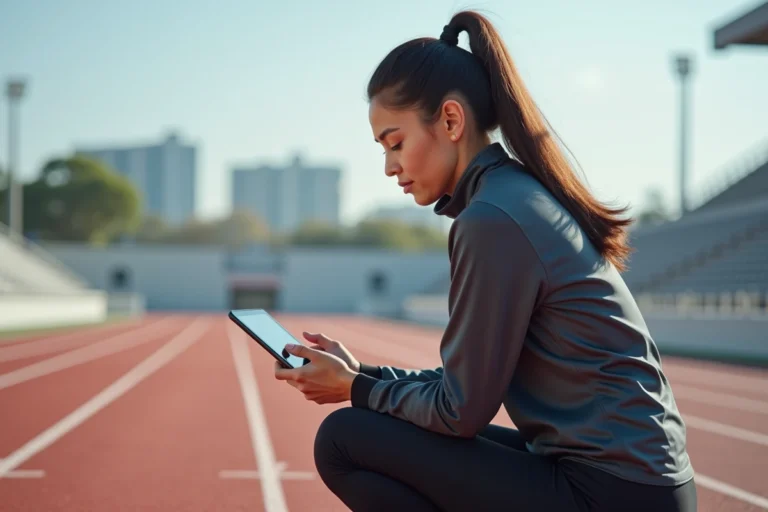 athlète féminine en pleine action sur piste avec tablette