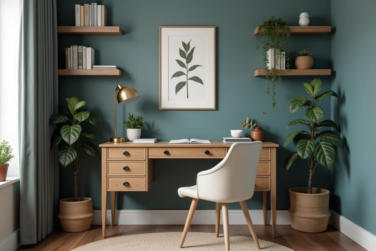 Bureau à domicile élégant avec bureau en chêne, chaise en lin et mur bleu profond orné d'étagères et de plantes pour un intérieur original