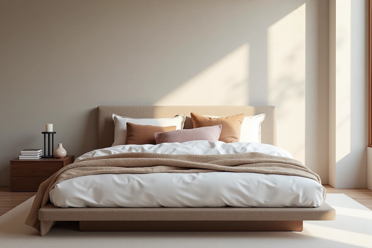 Chambre luxueuse minimaliste avec lit plateforme, linge blanc, tête de lit en bouclé et touches de blush pour une déco intérieure tendance