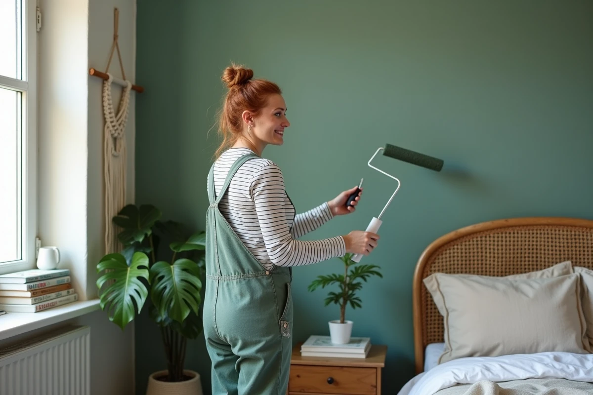 Femme en train de peindre un mur en vert sauge dans une chambre en cours de décoration, avec tête de lit en rotin et plante verte