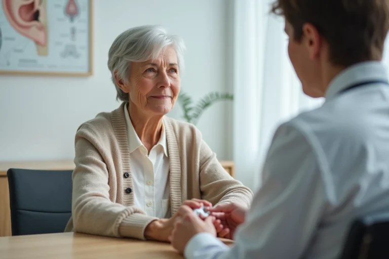 Une femme senior en consultation chez un audioprothésiste comparant des aides auditives Audika et Amplifon