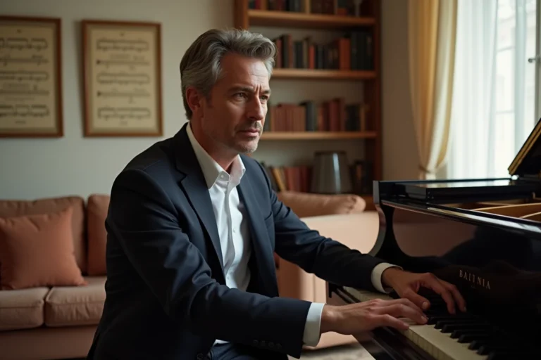 Portrait intimiste d'un contre-ténor assis au piano dans un appartement parisien élégant, ambiance chaleureuse et raffinée
