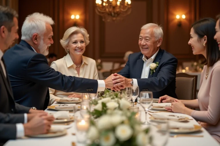 Couple de personnes âgées célébrant 50 ans de mariage entouré de toute leur famille lors d'un banquet élégant