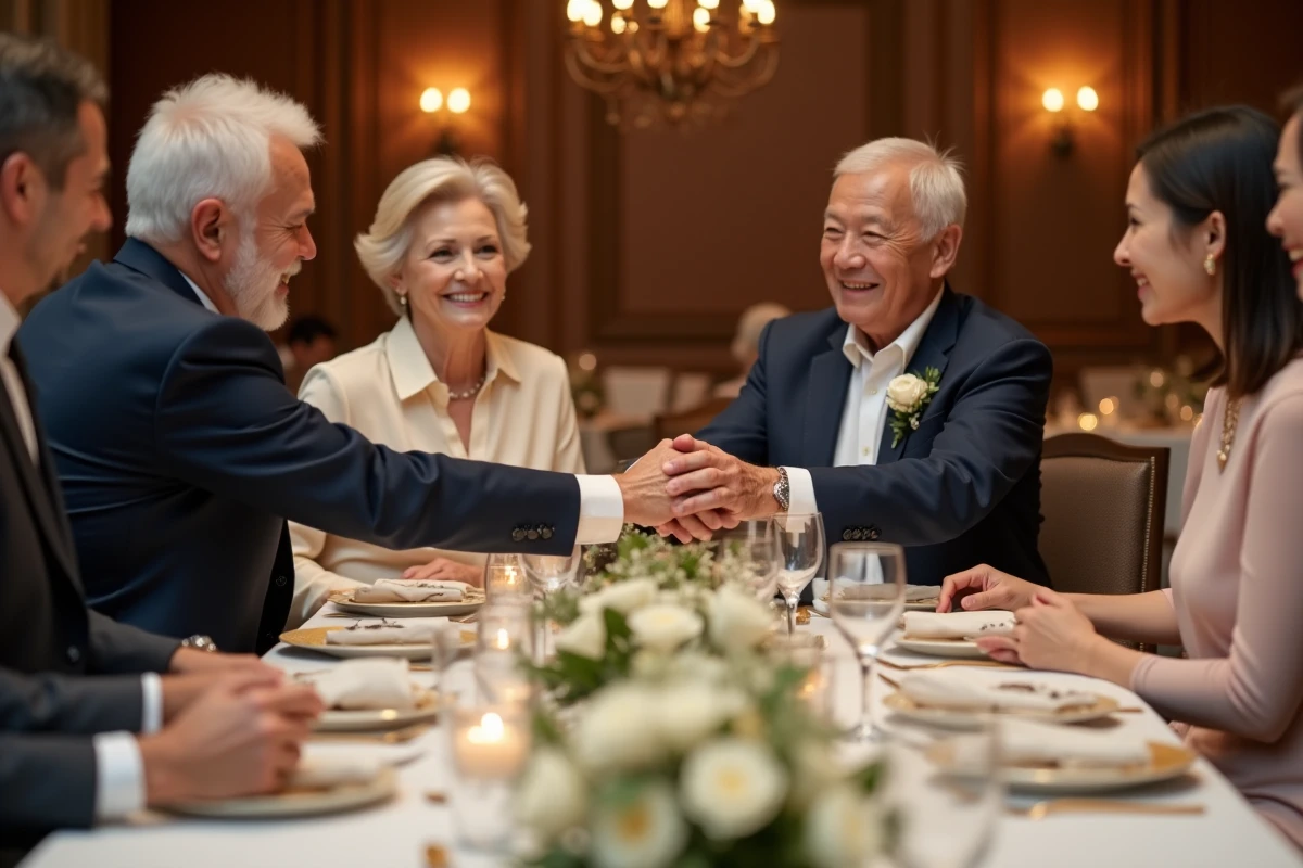Couple de personnes âgées célébrant 50 ans de mariage entouré de toute leur famille lors d'un banquet élégant