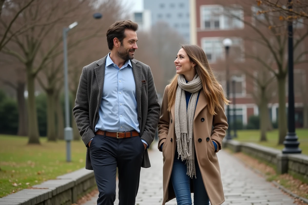 Couple marche dans parc urbain en conversation