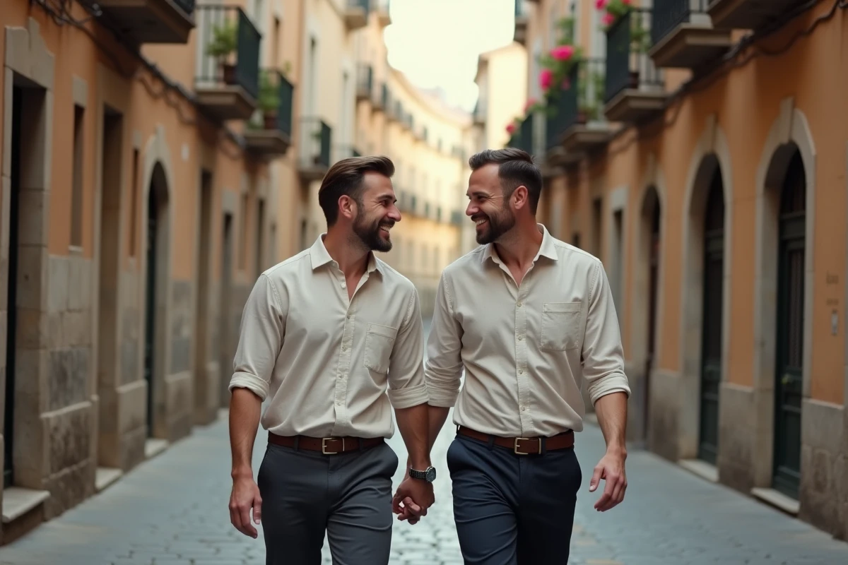 Deux hommes se promenant complices dans une rue pavée d'un quartier historique européen, atmosphère de vie de couple décontractée