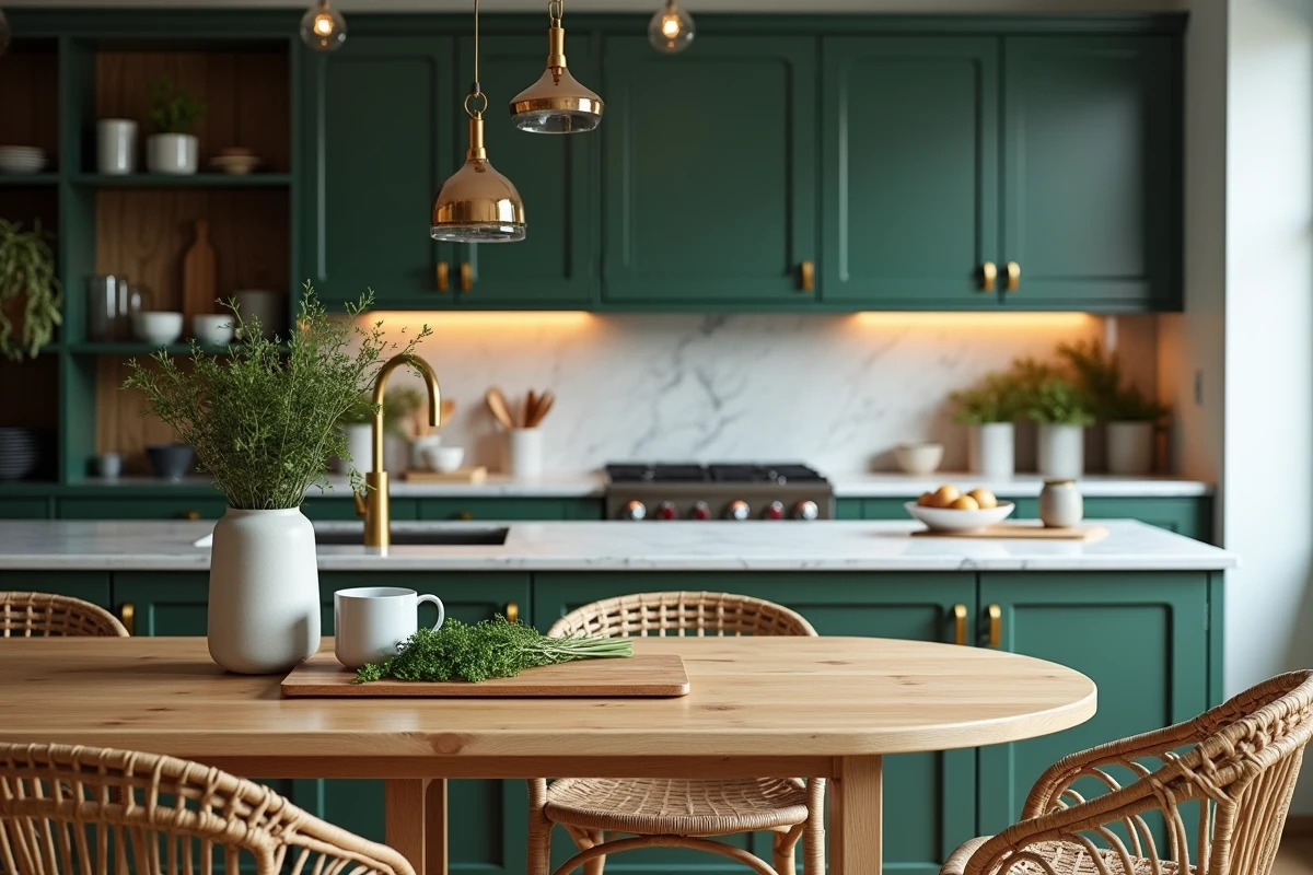 Cuisine moderne avec façades vert forêt, quincaillerie dorée et plan de travail en marbre pour un intérieur tendance et raffiné