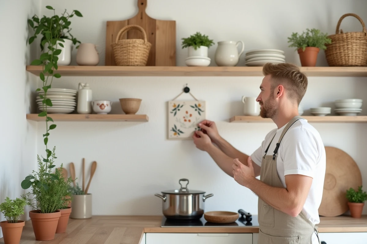 Homme personnalisant une cuisine de style scandinave avec des étagères en bois, poteries artisanales et plantes aromatiques en pot