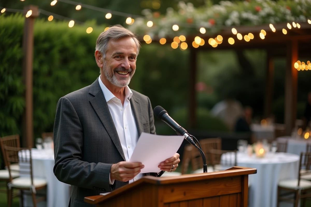 Homme prononçant un discours émouvant lors d'une fête de noces d'or en plein air
