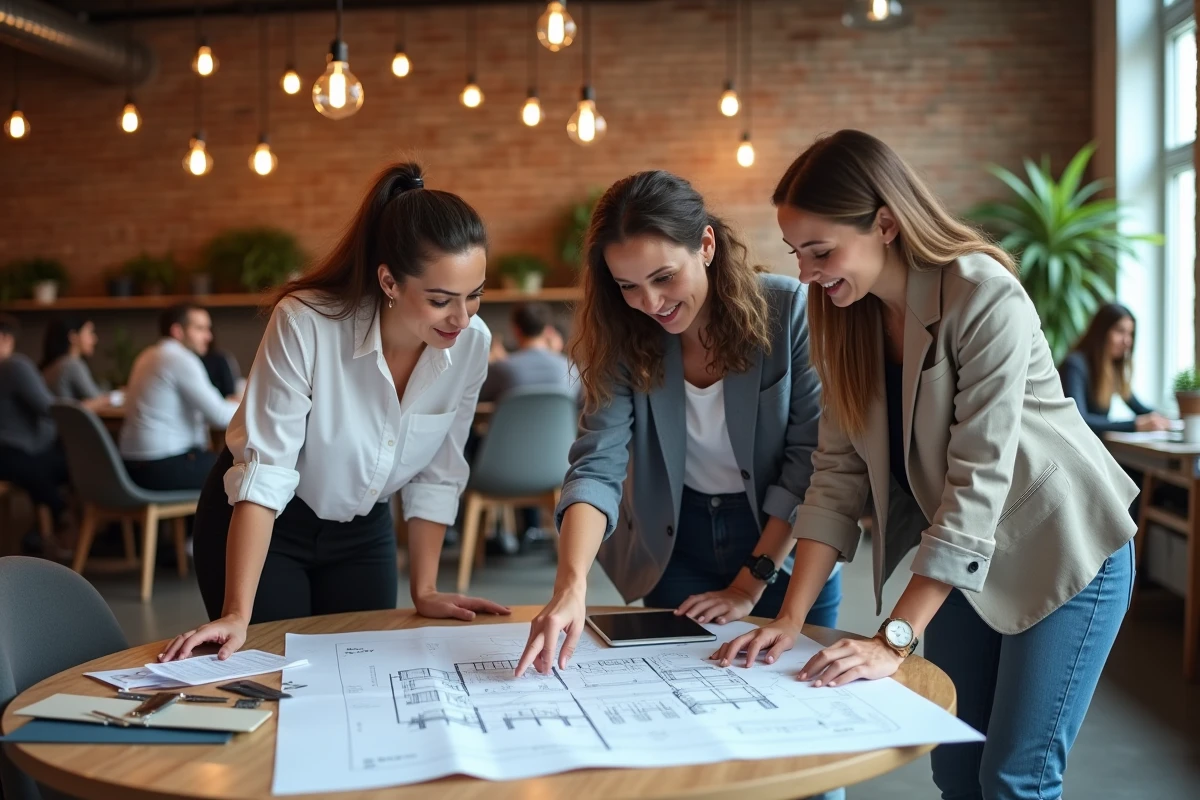 Équipe de coordinateurs d'événements collaborant autour d'un plan de salle et de matériaux de décoration