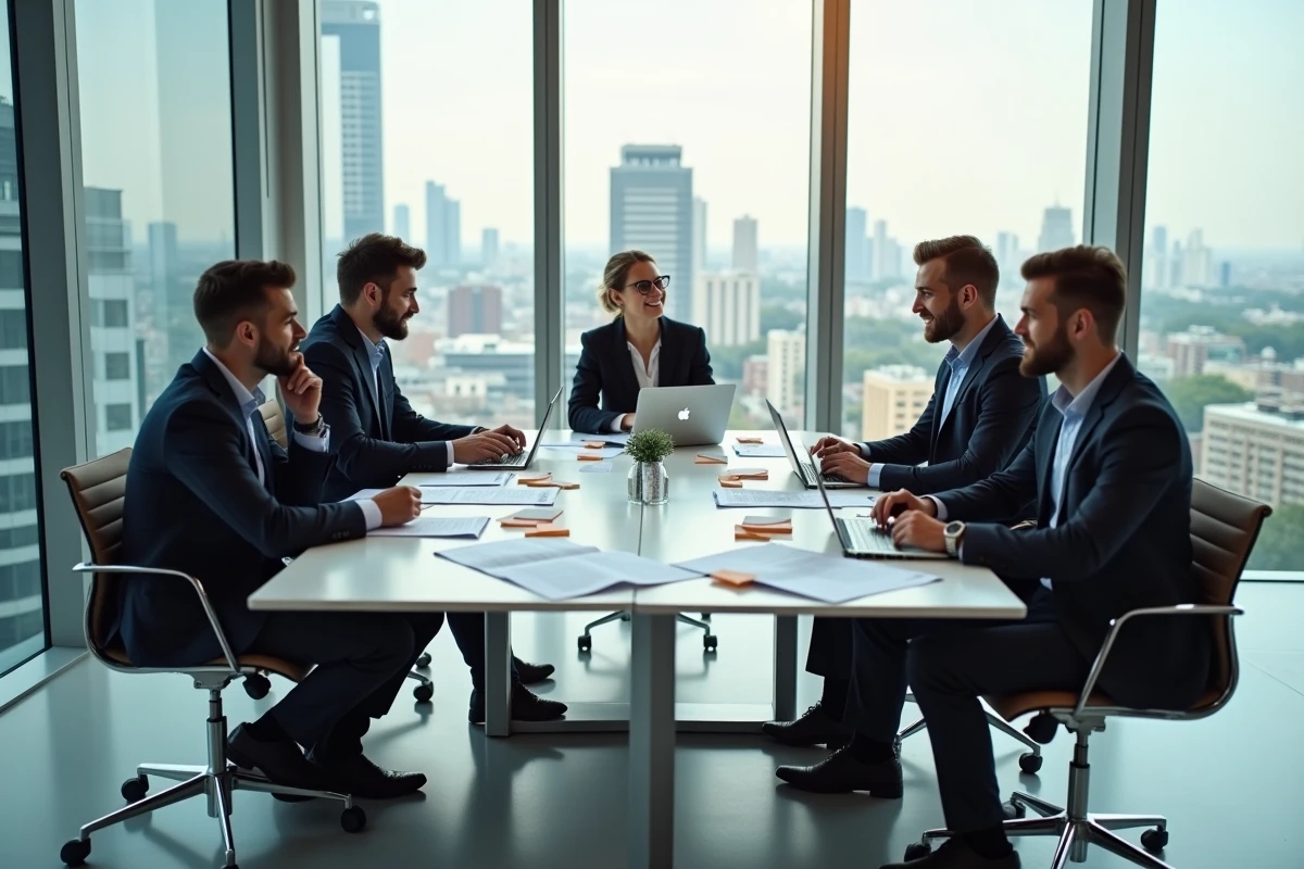Équipe d'entrepreneurs collaborant autour d'une table de réunion avec des rapports et des ordinateurs pour développer des stratégies business innovantes