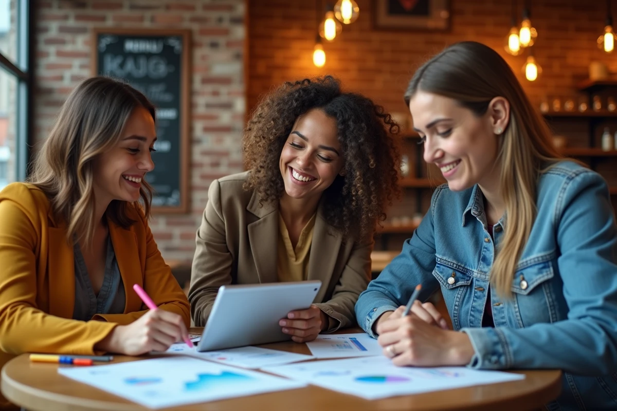 Équipe de professionnels collaborant sur un plan d'affaires avec des outils numériques dans un espace de travail convivial