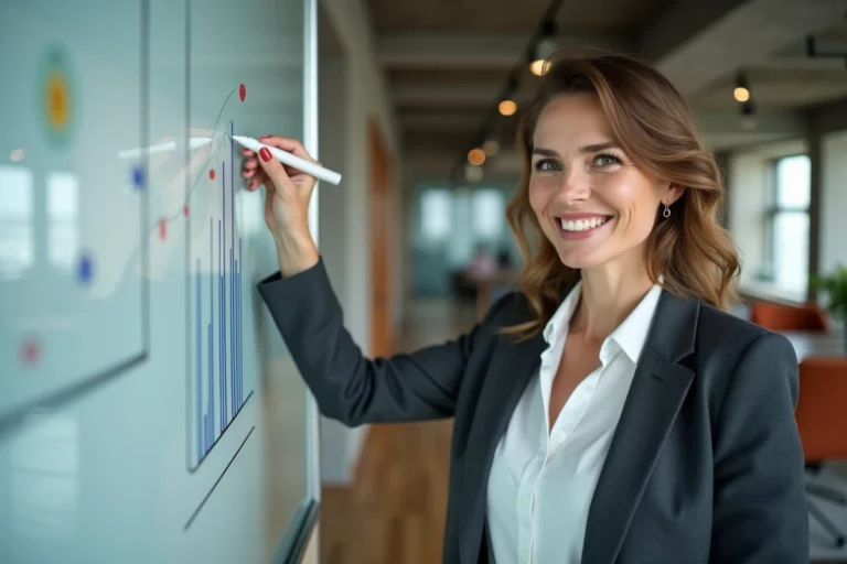 Femme d'affaires présentant des graphiques de croissance sur un tableau blanc dans un bureau moderne pour illustrer des offres business innovantes