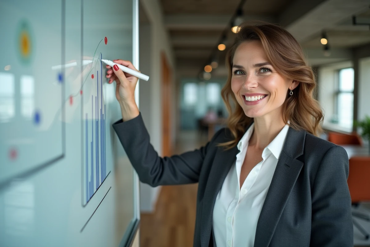 Femme d'affaires présentant des graphiques de croissance sur un tableau blanc dans un bureau moderne pour illustrer des offres business innovantes