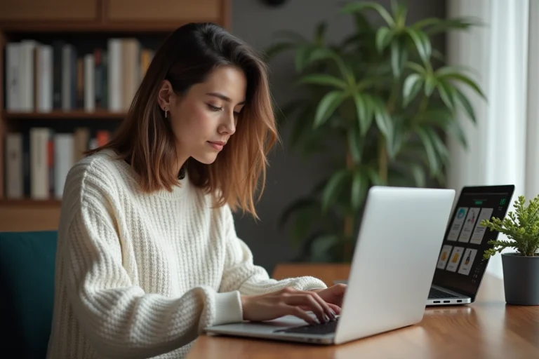 Femme au bureau moderne utilisant son ordinateur portable