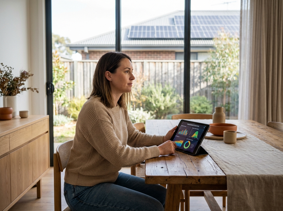 Femme regardant des données d energie sur une tablette