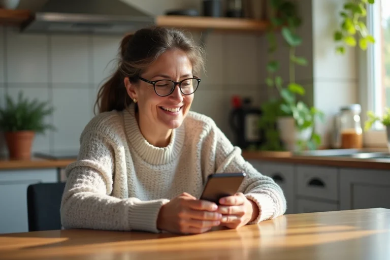 Femme française souriante vérifiant ses résultats Keno à la maison
