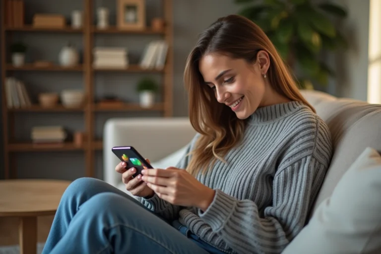 Femme jouant à Candy Crush sur son smartphone depuis son canapé, concentrée sur son écran avec un sourire