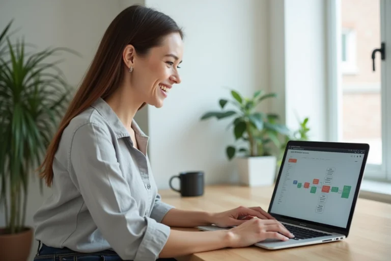 Femme naviguant sur le plan du site Concept Habitat depuis un bureau à domicile moderne