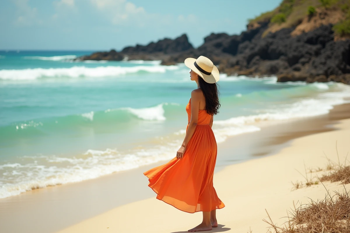 Femme en robe orange contemplant la mer turquoise sur une plage isolée de Kuta Lombok
