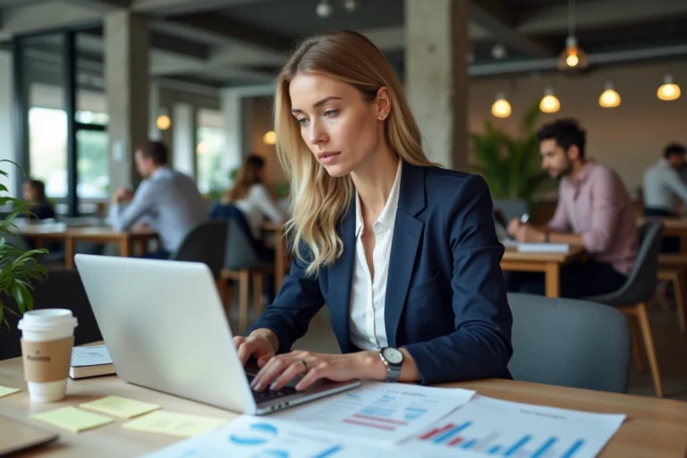 Femme professionnelle analysant une stratégie business sur un ordinateur portable dans un espace de coworking moderne
