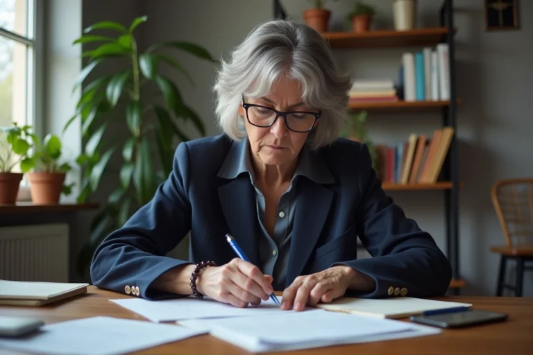 Femme d'âge moyen examine des documents de pension dans un bureau