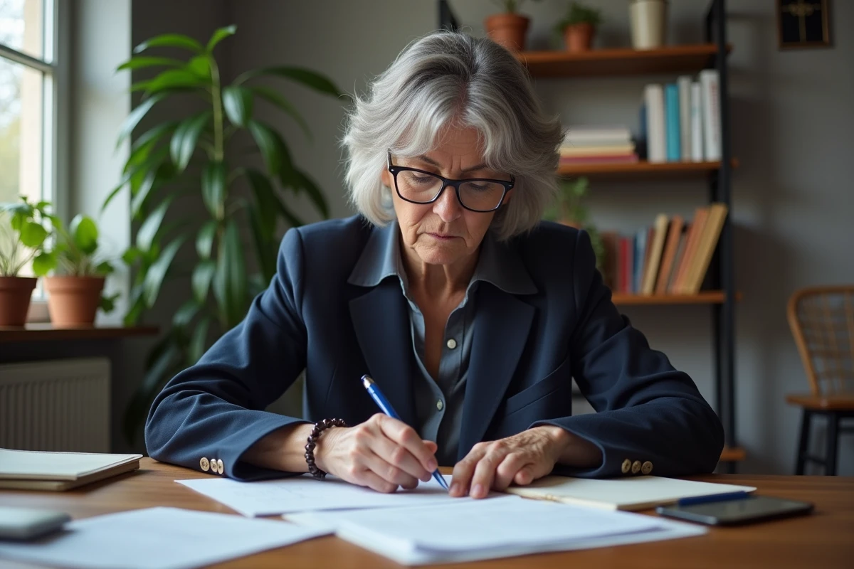 Femme d'âge moyen examine des documents de pension dans un bureau