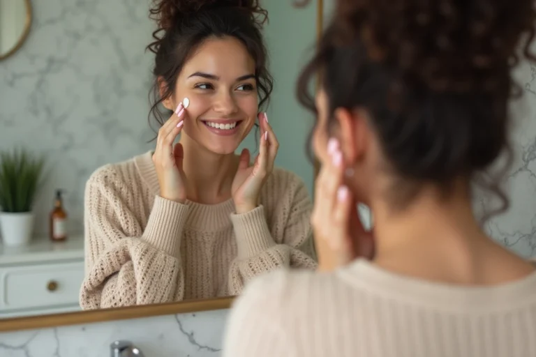Femme souriante appliquant un serum visage dans sa salle de bain