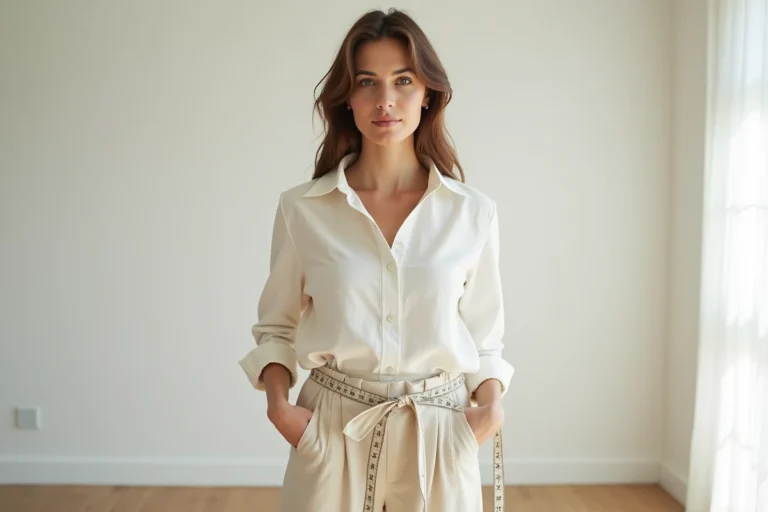 Femme portant un haut taille L bien ajusté avec un mètre ruban autour de la taille dans un dressing minimaliste