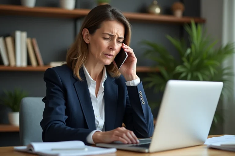 Femme frustrée au téléphone attendant une réponse du service client SNCF depuis son bureau à domicile