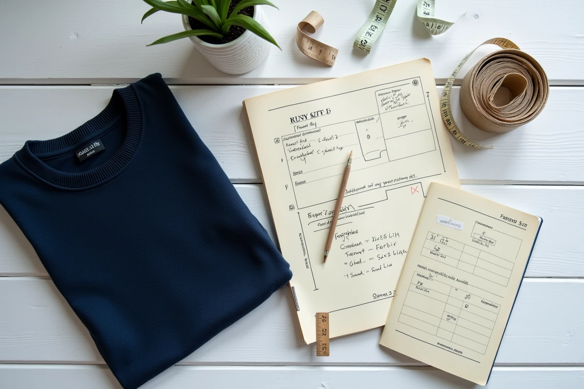 Flat lay d'un pull taille L avec un carnet de mesures, un mètre ruban et des étiquettes de tailles internationales