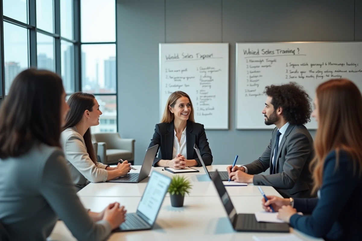 Groupe de managers et professionnels RH participant à une formation sur la santé mentale en entreprise autour d'une table de réunion