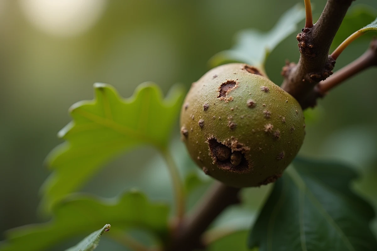Galle du chêne en gros plan sur une branche avec feuilles de chêne en arrière-plan flou