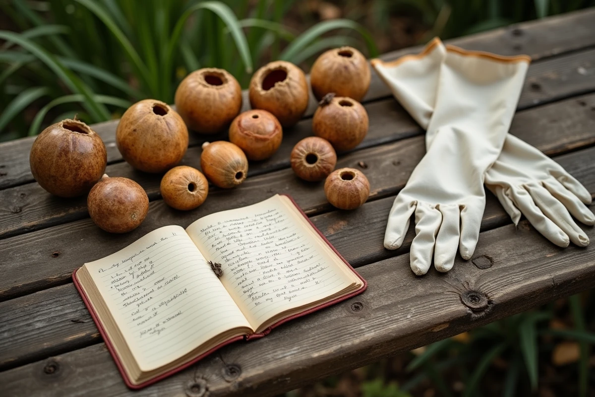 Galles de chêne ouvertes sur une table en bois avec gants et carnet d'observation naturaliste