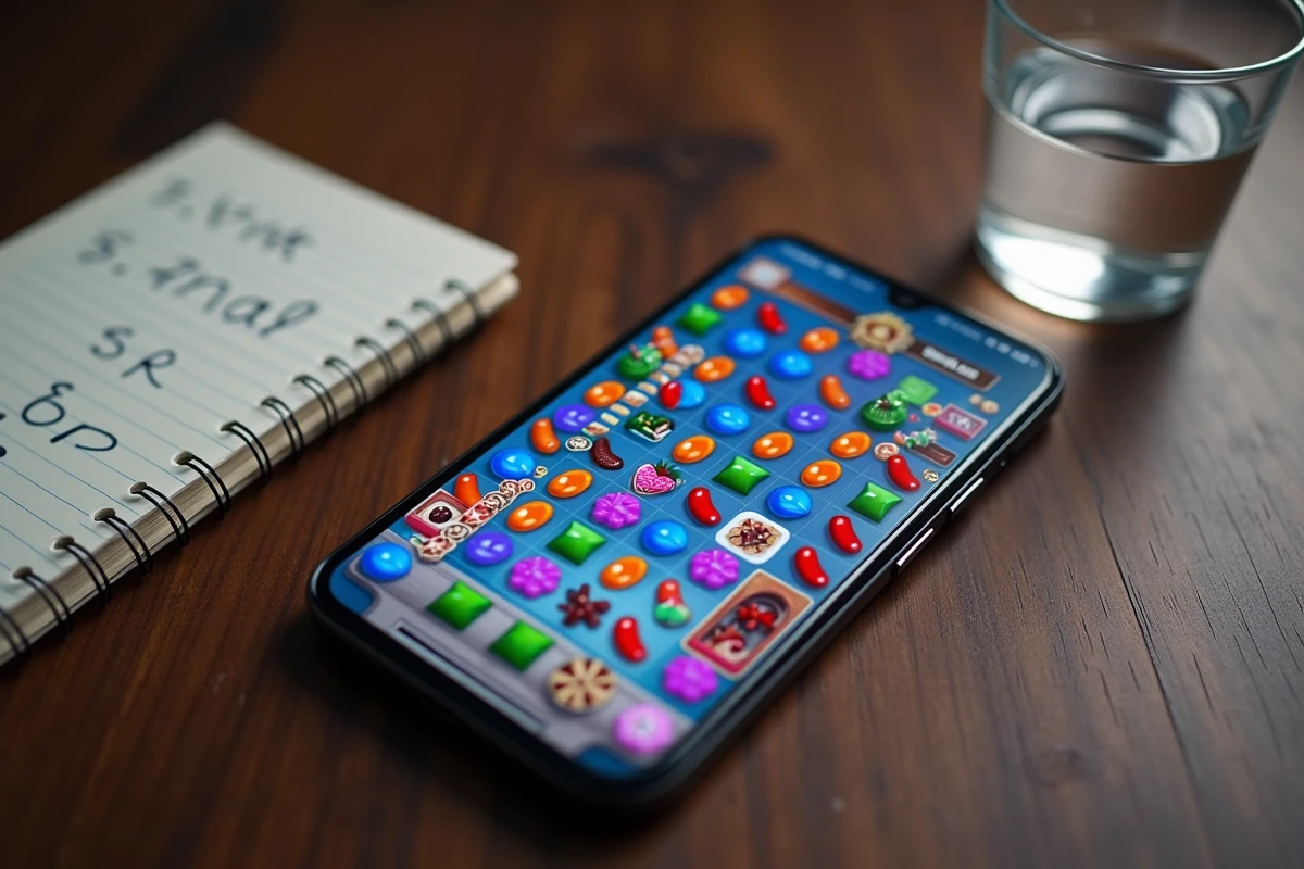 Gros plan sur un écran de smartphone affichant un niveau très avancé de Candy Crush avec un score record