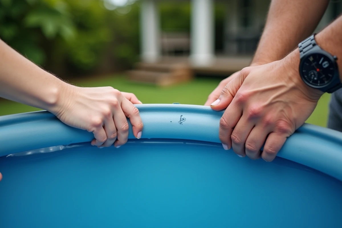 Gros plan de mains adultes redressant l'anneau gonflable supérieur d'une piscine autoportée ronde