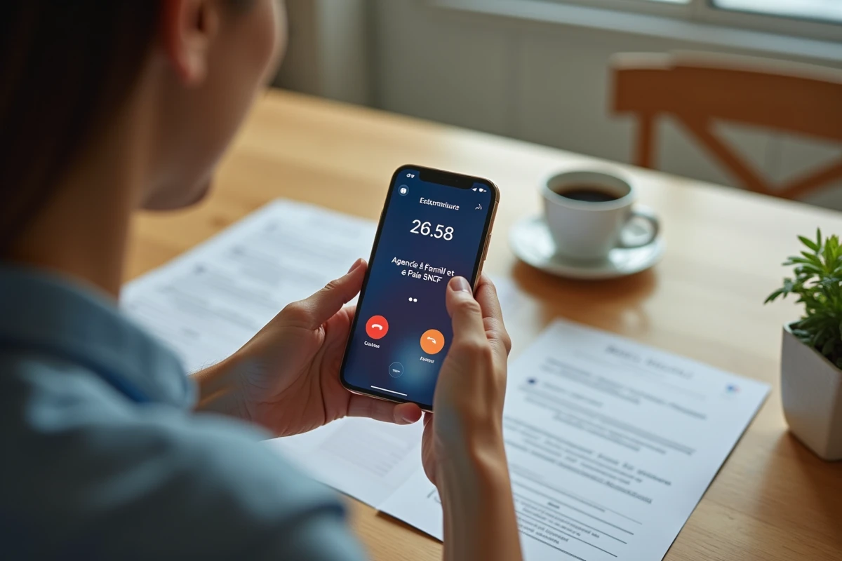 Gros plan sur un smartphone affichant un appel en attente vers l'agence famille et paie SNCF posé sur une table de cuisine
