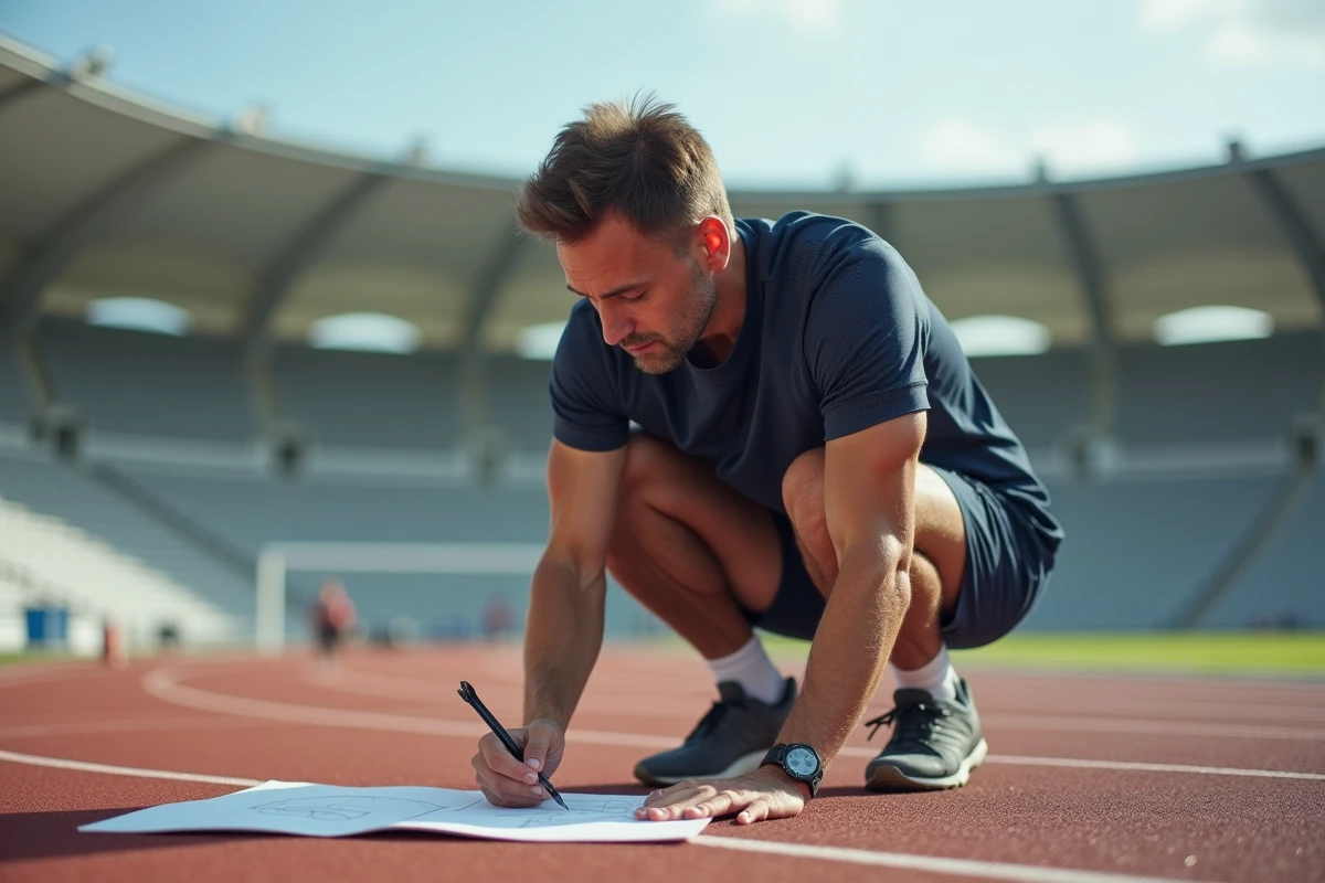 Homme athlétique trace des angles sur un carnet à la piste d