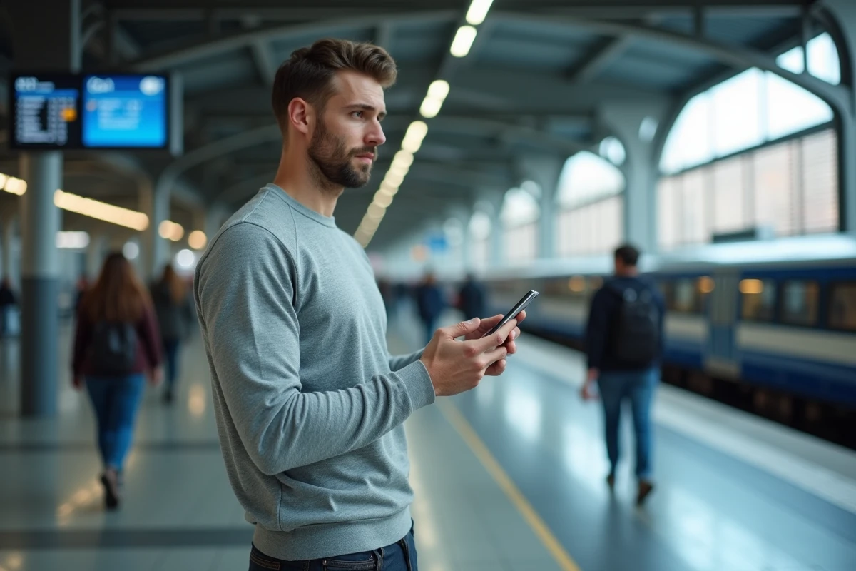 Homme en attente téléphonique dans une gare SNCF essayant de joindre l'agence famille et paie