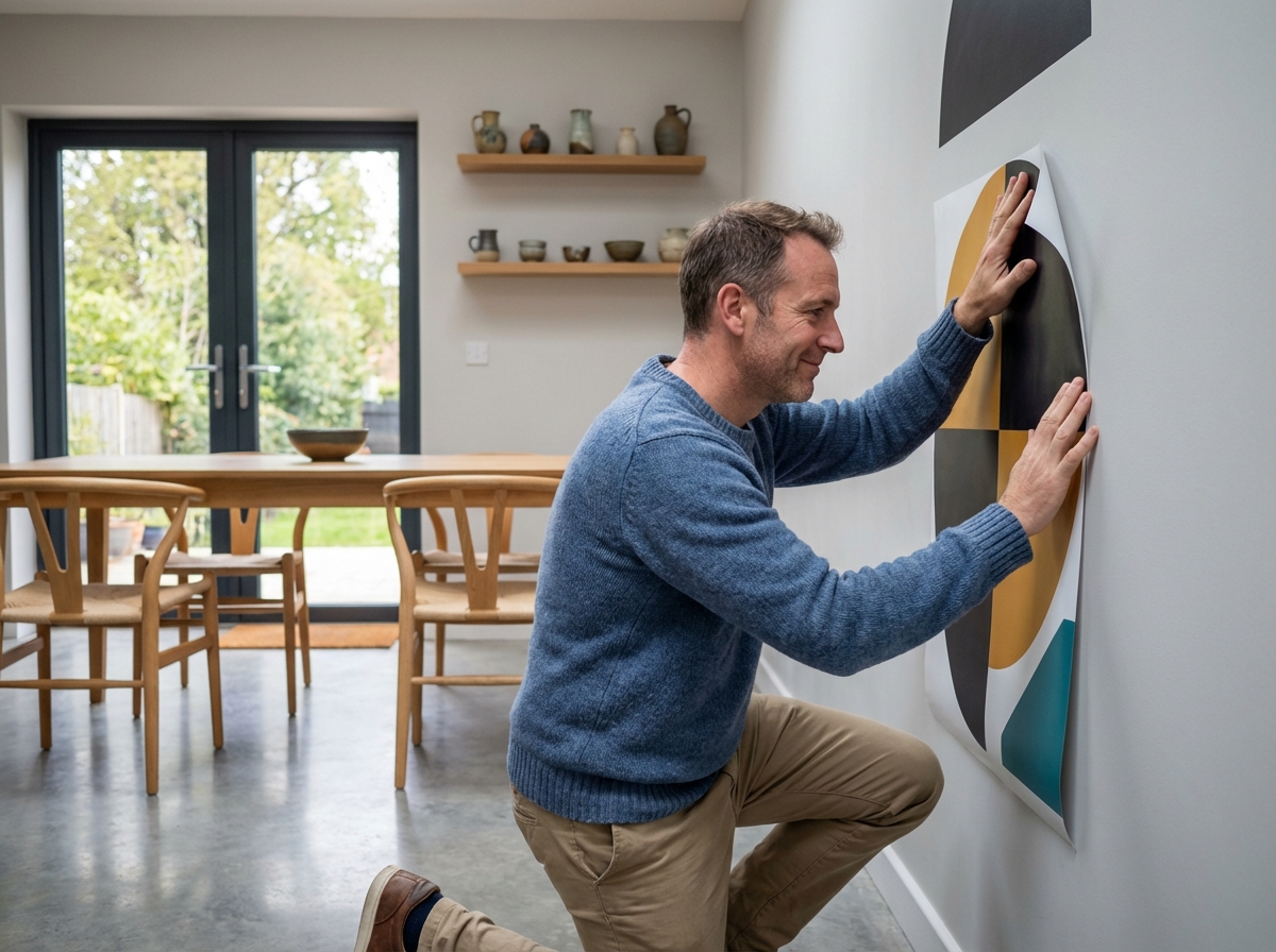 Homme appliquant un decal mural abstrait dans une maison moderne