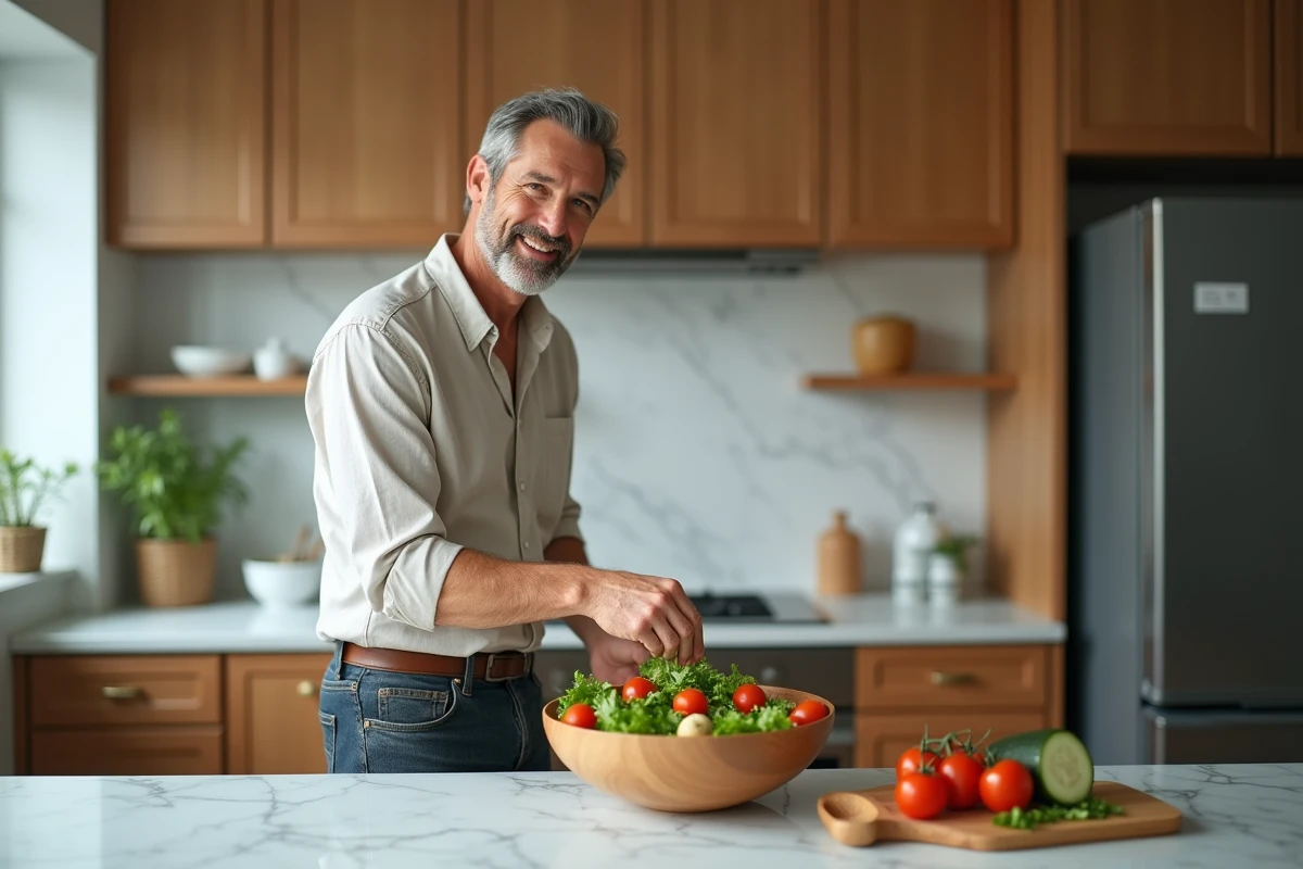 Homme préparant une salade fraîche et colorée dans une cuisine moderne dans le cadre d'une alimentation saine