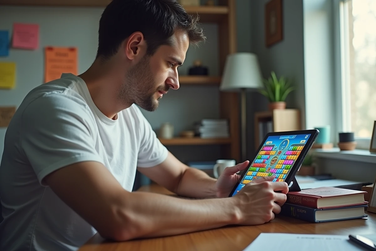 Homme atteignant un niveau record sur Candy Crush depuis sa tablette dans un bureau à domicile