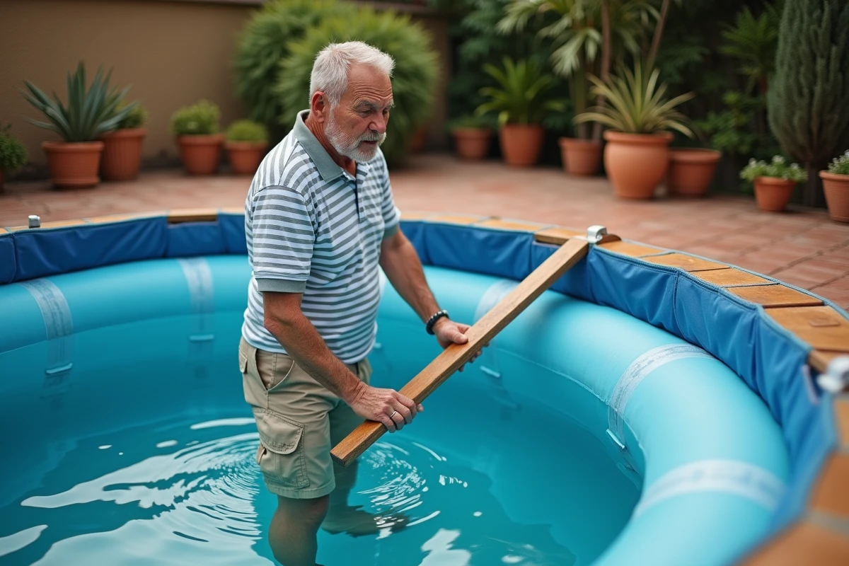 Homme utilisant une planche pour redresser la paroi d'une piscine autoportée remplie d'eau