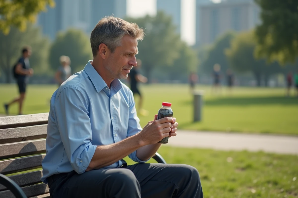 Homme d age en jogging examine sa boisson dans le parc