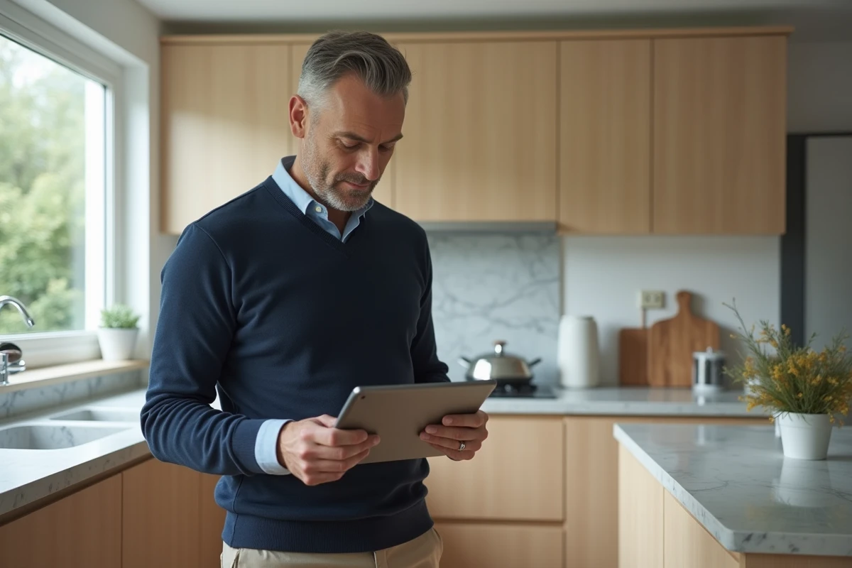 Homme consultant le plan du site Concept Habitat sur une tablette dans une cuisine moderne